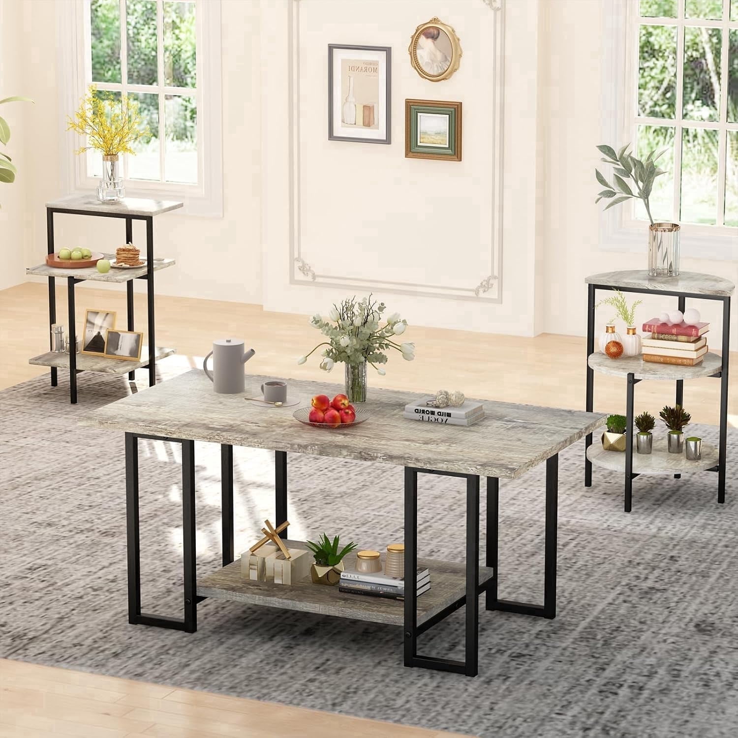 Rustic Oak Coffee Table Set Includes one coffee table and two side tables Metal frame Three-piece living room coffee table set Suitable for living rooms, apartments, and offices Gray