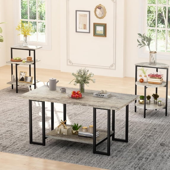 Rustic Oak Coffee Table Set Includes one coffee table and two side tables Metal frame Three-piece living room coffee table set Suitable for living rooms, apartments, and offices Gray