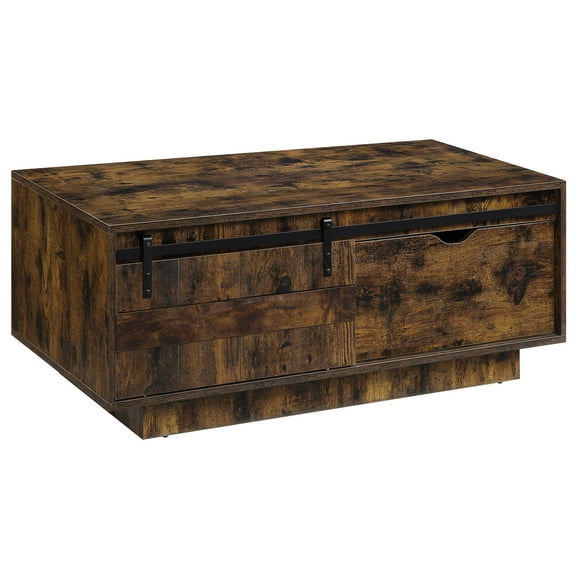 Rustic Oak Coffee Table With Sliding Barn Door And Practical Storage Reliable Structure
