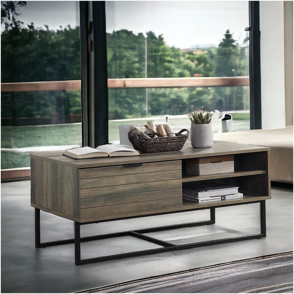 Rustic Oak Coffee Table with Black Metal Legs, Farmhouse Style Storage End Table for Living Room