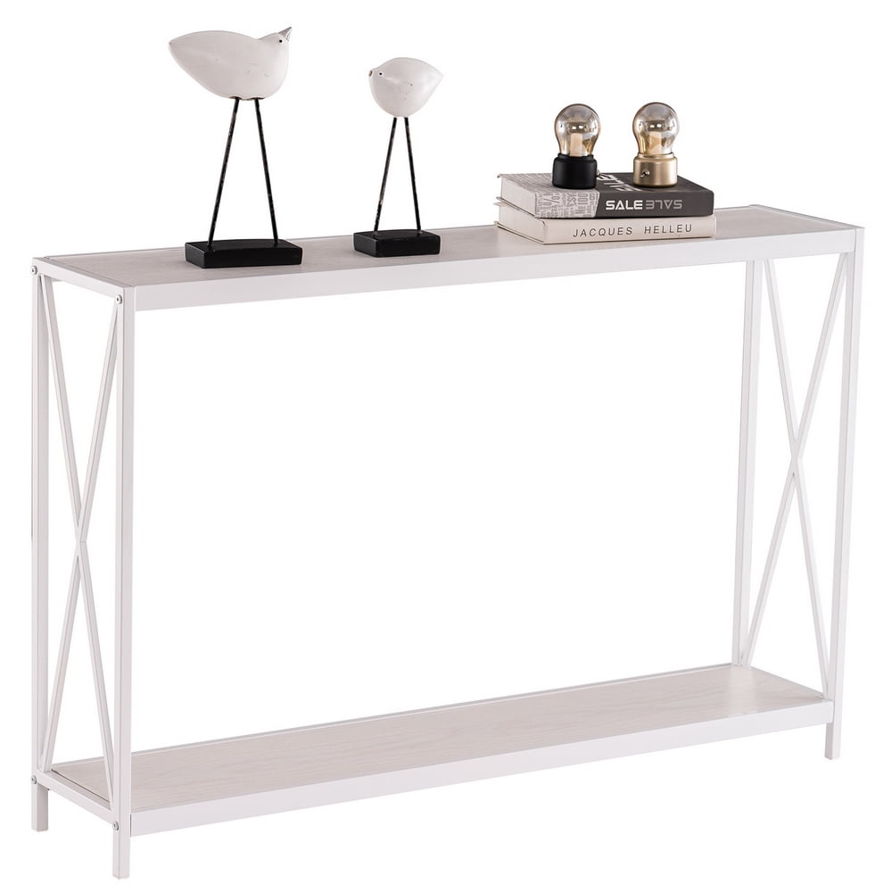 Rustic Oak Console Sofa Side Table Narrow Entryway Hall Table Industrial Metal Frame Behind Couch Accent Display Table