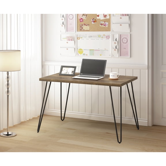 Rustic Oak Desk With Metal Accent Ornaments, Taupe And Metal, Open Design For Space Saving Desk, 23.5in Depth, 48.26in Width, 30in Height Accents Union, +metal, Design, 30.46in