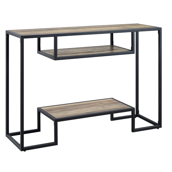 Rustic Oak Desk With Black Trim And Shelving - Office Workspace Essential Furniture Table Shelves Industrial Look For Interior