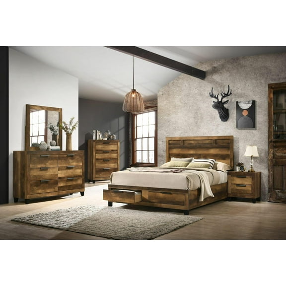Rustic Oak Finish King Eastern 3pcs Bedroom Set by Acme Morales 28587EK-3pcs