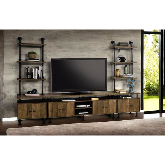 Rustic Oak Finish Metal TV Stand / 4 Compartments Storage for 60 Inch Flat Screen TV