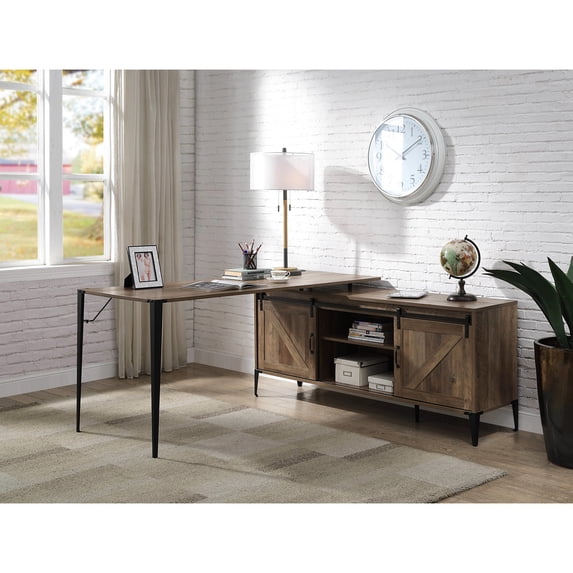 Rustic Oak L-Shape Writing Desk | Ideal for Home Work | Durable Metal & Synthetic Wood | Use Sliding Doors for Storage
