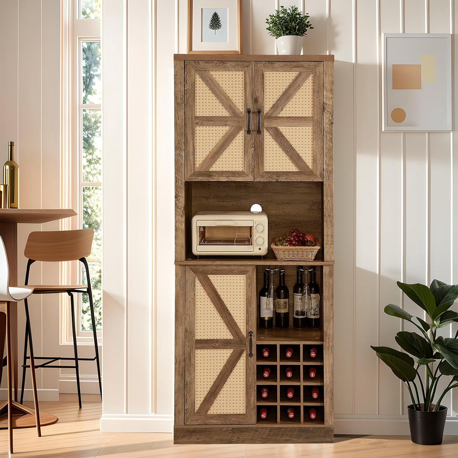 Rustic Oak Liquor Cabinet Farmhouse Style Hutch Cabinet Wine Bar Cabinet with Wine Entry Storage ...