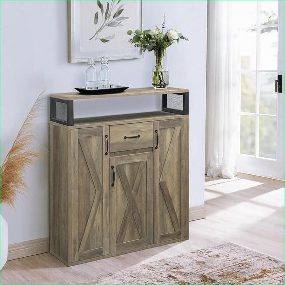 Rustic Oak Server with 3 Barn Doors & Ample Storage | Rustic | Wood+Metal