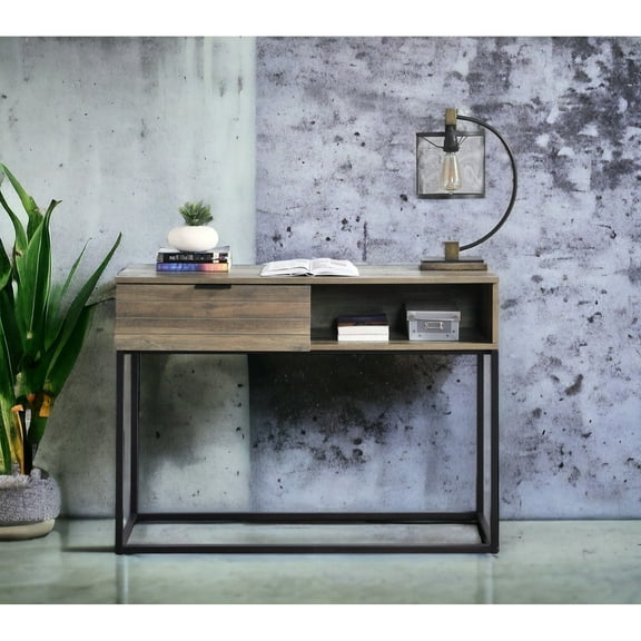 Rustic Oak Study Desk With Black Legs - And Spacious Table Build, Practical Storage Space