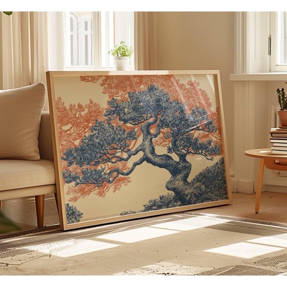 Rustic Oak Tree Forest Linocut Blue Nature Navy Blue Portrait Decor Unframed Paper Print