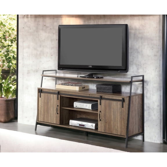 Rustic Oak Tv Stand With Sliding Doors, Accommodates 58" Tvs, Organize Your Electronics 50-59 Inch Construction, Style
