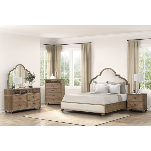 Rustic Oak Veneer Transitional Style Eastern King Size Bed 6pc Bedroom Set Dresser Mirror Nightstand USB Chest Solidwood Furniture