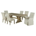 thumbnail image 1 of Rustic Oak Wood 7pc Dining Set with Beige Linen Side Chairs + Arm Chairs, 1 of 6