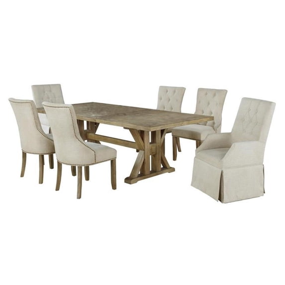 Rustic Oak Wood 7pc Dining Set with Beige Linen Side Chairs + Arm Chairs