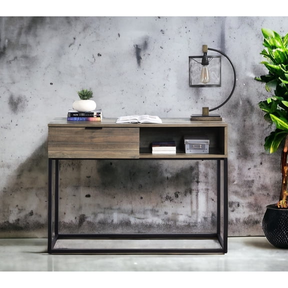 Rustic Oak Writing Desk With Shelf, Drawer And Finish, Hinges, For Living Area Black Desk, Stable Structure, Scratch- Coating, Multi Home