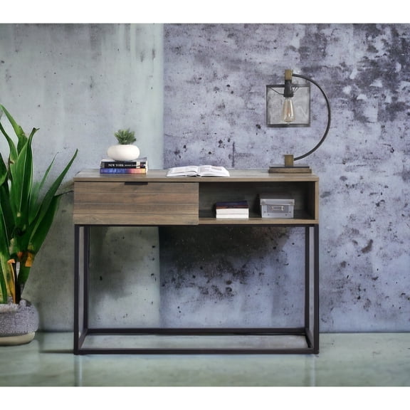 Rustic Oak Writing Desk with Black Metal Legs