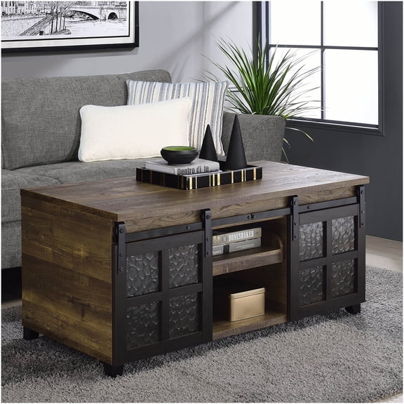Rustic Oak and Black Coffee Table with Sliding Barn Doors and Storage