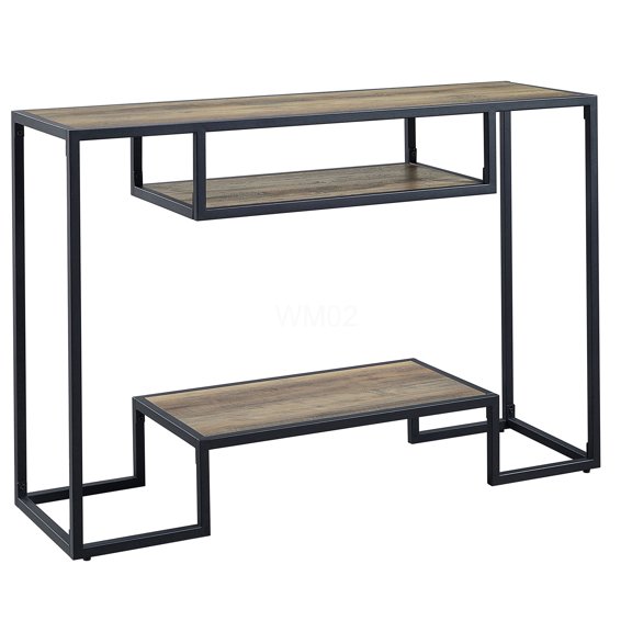 Rustic Oak and Black Industrial Console Table with Storage Shelf, Sofa Table for Entryway Living Room