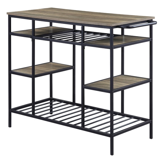 Rustic Oak and Black Kitchen Island with Open Shelving Natural+Black + Dining Room + Industrial + Rectangular + Kitchen Carts + Wood+Metal