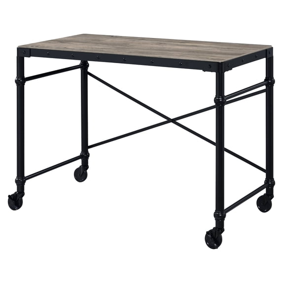 Rustic Oak and Black Writing Desk with Wheels, Industrial Style Mobile Desk for Small Spaces, 47.5L x 23.5W x 30.5H inches