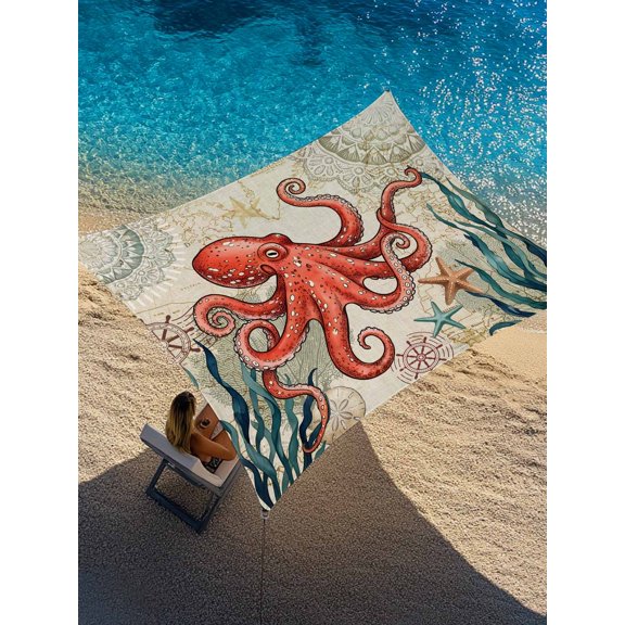 Rustic Ocean Red Octopus Sun Shade Sail 8' x 10', Country Nautical Coastal Beach Seaweed Sand Dollar Rectangle Outdoor Sunshade Canopy, Waterproof UV Block Patio Covers for Garden Yard Beach