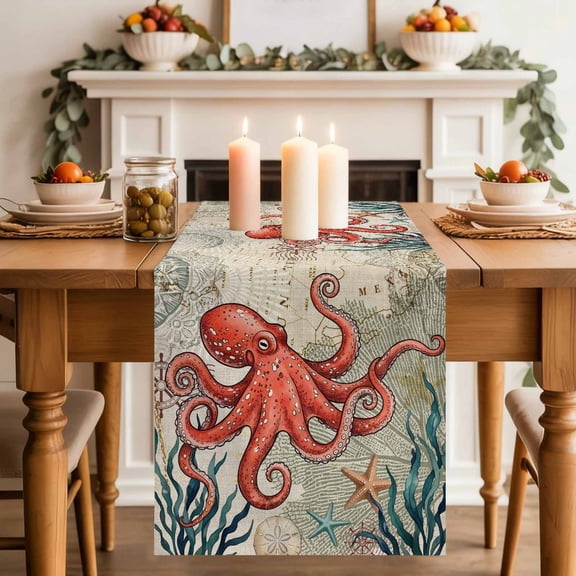 Rustic Ocean Red Octopus Table Runner, Country Nautical Coastal Beach Seaweed Sand Dollar Washable Cotton-linen Table Runners Dining Kitchen Decoration for Everyday Home Wedding Party 13 x 36 Inch
