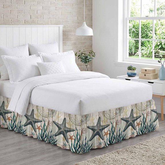 Rustic Ocean Starfish Bed Skirt Queen Size 16" Drop, Nautical Coastal Beach Seaweed Sand Dollar Wood Grain Adjustable Elastic Dust Ruffles Bedskirt for Queen Bed Wrap Around Pleated Mattress Cover