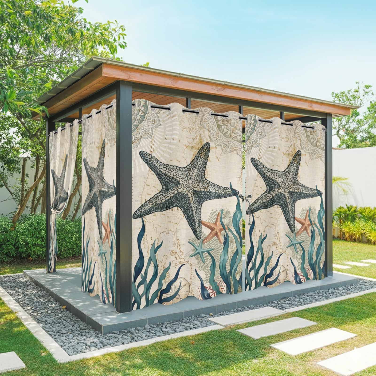 Rustic Ocean Starfish Outdoor Curtains for Patio, Country Nautical Coastal Beach Seaweed Sand Dollar Sunshade Privacy Drapes Grommet Waterproof Outside Curtains for Porch Balcony 54"x108", 1 Panel
