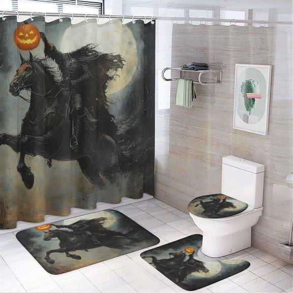 Rustic Oil Painting Headless Horseman 4 Pieces Shower Curtain Set,Abstract Halloween Mid Century Knight Full Moon Pumpkin Non-Slip Rugs Toilet Lid Cover Bath Mat and Bathroom Curtain