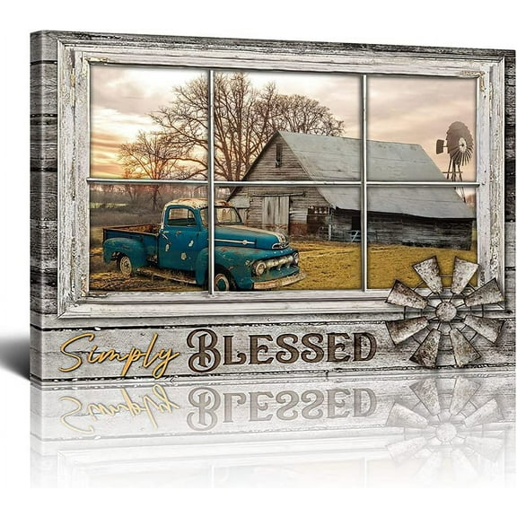 Rustic Old Barn Canvas Wall Art Farmhouse Barn Wall Decor Picture Country View in Fake Window Poster Modern Home Decor for Living Room Office Framed Ready To Hang 12x16 Inch