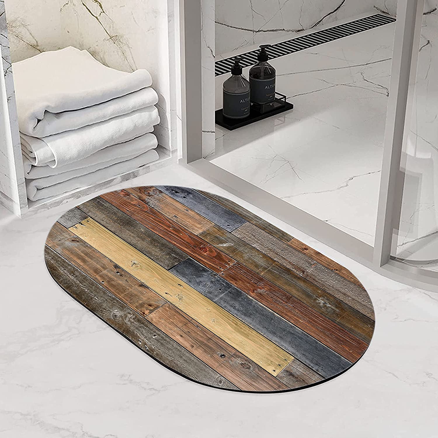 Rustic Old Barn Wood Doormat Diatomaceous Earth Bath Mat - Wood Look Rubber Non Slip Quick Dry Super Absorbent Washable Bathroom Rugs Fit Under Door（Oval,31.5×20 inch）