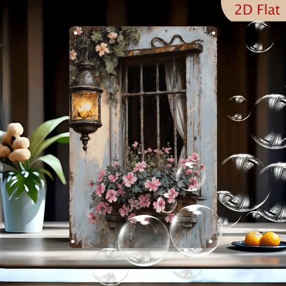 Rustic Old Window with Pink Flowers & Lantern, 8x12 Inches Metal Wall Art Print, Vintage Weathered Blue Wall Decor for Home Living Room Bedroom