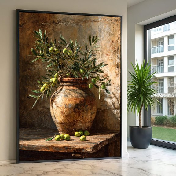 Rustic Olive Branches Mediterranean Clay Pot Farmhouse Kitchen Decor Wall Art