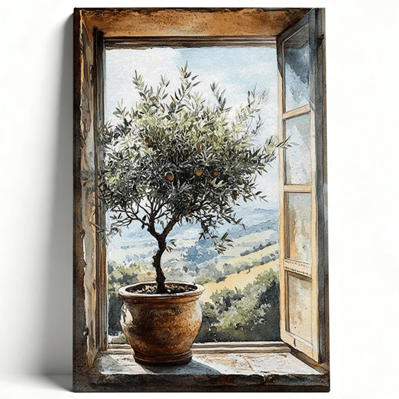 Rustic Olive Tree Wall Art Canvas - Olive Tuscany Prints Window View Mediterranean Landscape Painting for Living Room Kitchen Decor, 8×12