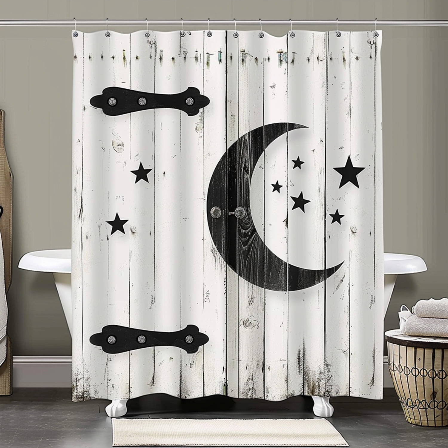 Rustic Ooina Moon and Stars Shower Curtain Set White Bathroom Decor with Wooden Texture Design ...