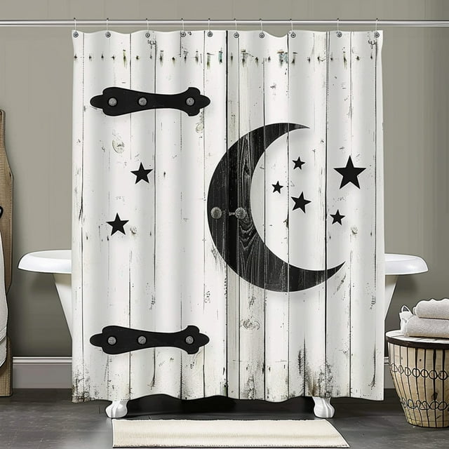 Rustic Ooina Moon and Stars Shower Curtain Set White Bathroom Decor