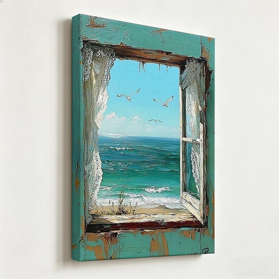 Rustic Open Window Ocean View Canvas Wall Art - Impressionist Beach Seascape Painting Print - Matte Finish Gallery Wrapped Coastal Home Decor Ready to Hang 12*16