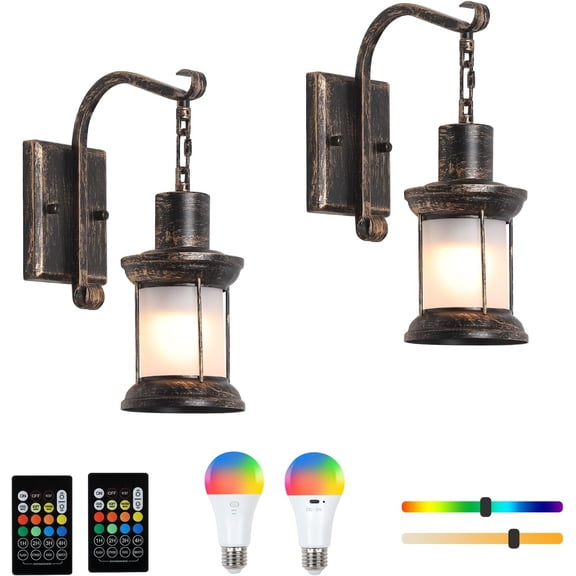 Rustic Operated Wall Sconce Set of 2, Wall Sconces with Remote Control, Rechargeable RGB Bulbs, Dimmable Retro Wall Lamp for Bedroom, 8 Colors Wall Light for Living Room