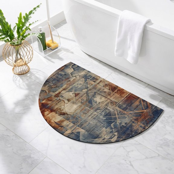 Rustic Orange Navy Blue Bathroom Rug Cute Half Circle Bath Mat Non-Slip Washable Semi Circle Bath Rug Abstract Art Urban Minimalist Floor Mat for Bathroom Kitchen Bedroom Shower Decor 16"x24"