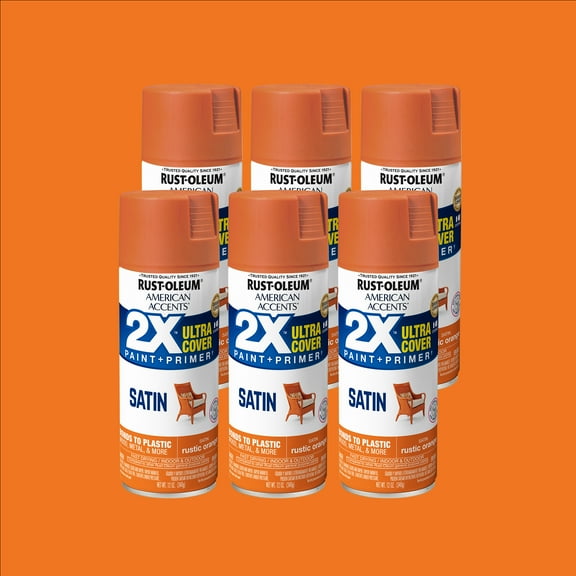 6 Pack, Rustic Orange Rust-Oleum American Accents 2X Ultra Cover Satin Spray Paint-327927, 12 oz