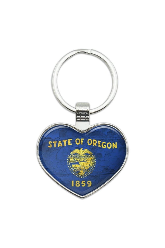 Rustic Oregon State Flag Distressed USA Keychain Heart Love Metal Key Chain Ring