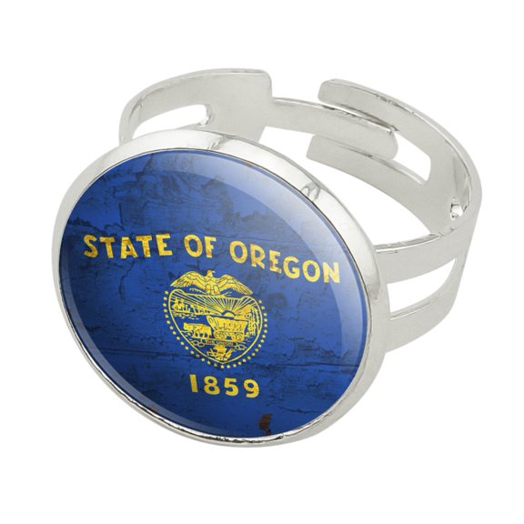 Rustic Oregon State Flag Distressed USA Silver Plated Adjustable Novelty Ring