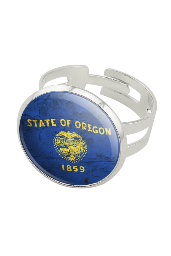 Rustic Oregon State Flag Distressed USA Silver Plated Adjustable Novelty Ring