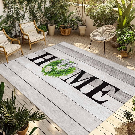 Rustic Outdoor Rug for Patio/Deck/Porch, Non-Slip Large Area Rug 3 x 5 Ft, Eucalyptus Leaves Green Wreath Wooden Plaid Home Indoor Outdoor Rugs Washable Area Rugs, Camping Rug Carpet Runner