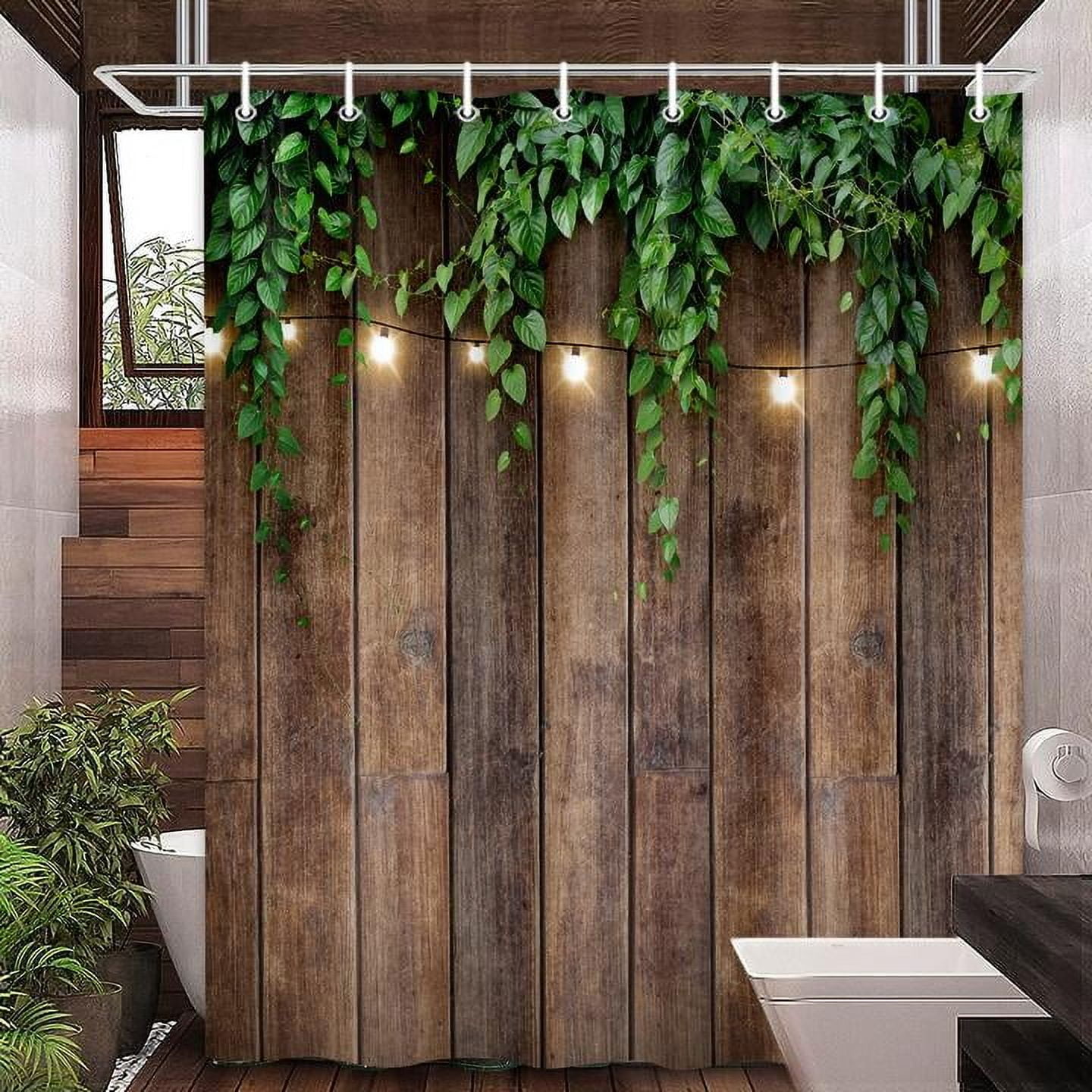 Rustic Outdoor Wall Shower Curtain, Brown Camo Shower Curtain Set for Bathroom, Vintage Wooden Bran Door Green Leaves Fabric Shower Curtain Restroom Bathtub Decor Accessories with Hooks 72X 84 inch