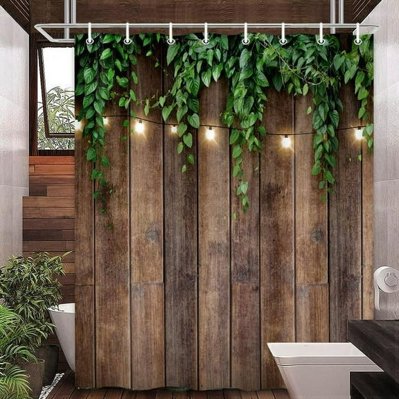 Rustic Outdoor Wall Shower Curtain, Brown Camo Shower Curtain Set for Bathroom, Vintage Wooden Bran Door Green Leaves Fabric Shower Curtain Restroom Bathtub Decor Accessories with Hooks 72X 84 inch