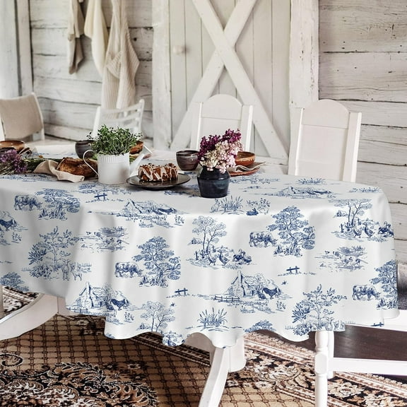 Rustic Oval Tablecloth 60x84 Inch,Blue and White Country Farmhouse Tablecloth,Waterproof Wrinkle Resistant Durable Polyester Oval Table Cloth for Indoor and Outdoor, Holiday Kitchen Dining and Party