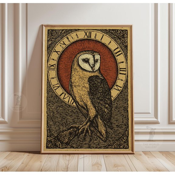 Rustic Owl Clock Poster, Gothic Woodblock Print, Paper Wall Art, Poster Only