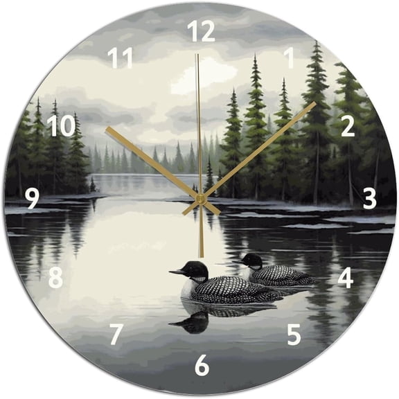 Rustic PVC Wall Clock with Duck and Loon Design, Silent Non-Ticking Quartz Movement, 1010 Inch Round Bathroom Bedroom Wall Decor