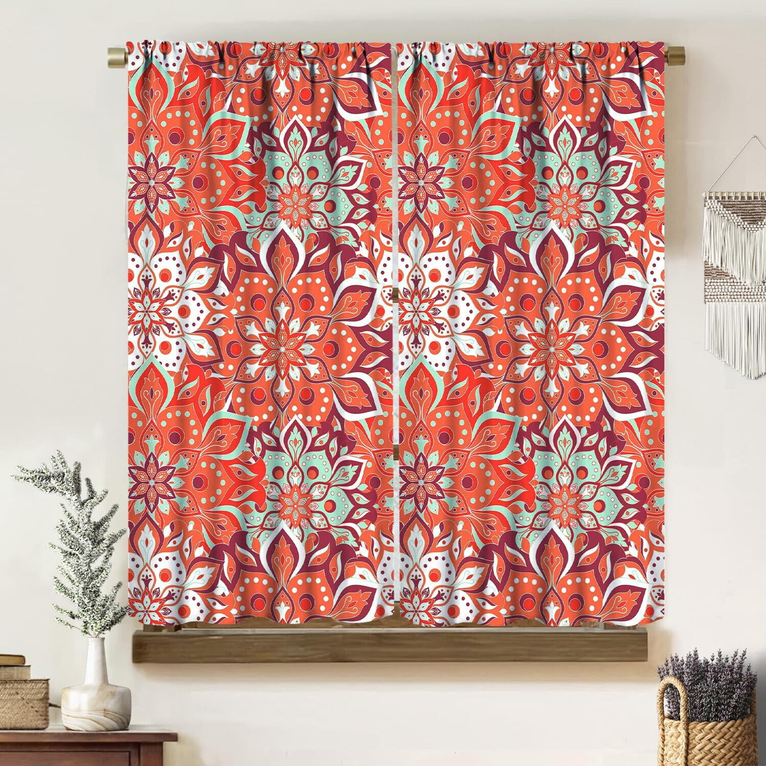 Rustic Paisley Blackout Curtains,Orange Boho Vintage Flower Texture Paisley Art Aesthetic Print Rod Pocket Window Treatments Drapes for Bedroom Living Room Kitchen Home Decor 84" W X 84" L